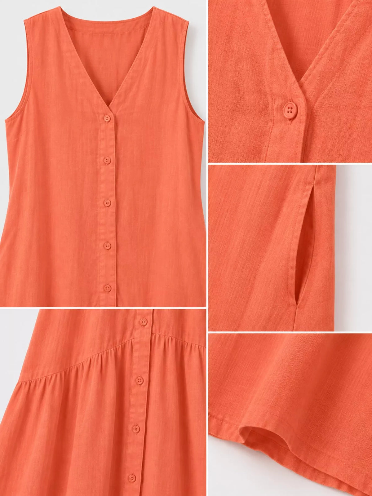 V-neck button front sleeveless midi dress