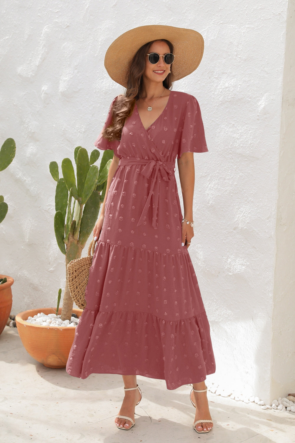 Swiss dot tied surplice short sleeve dress, Dusty Pink