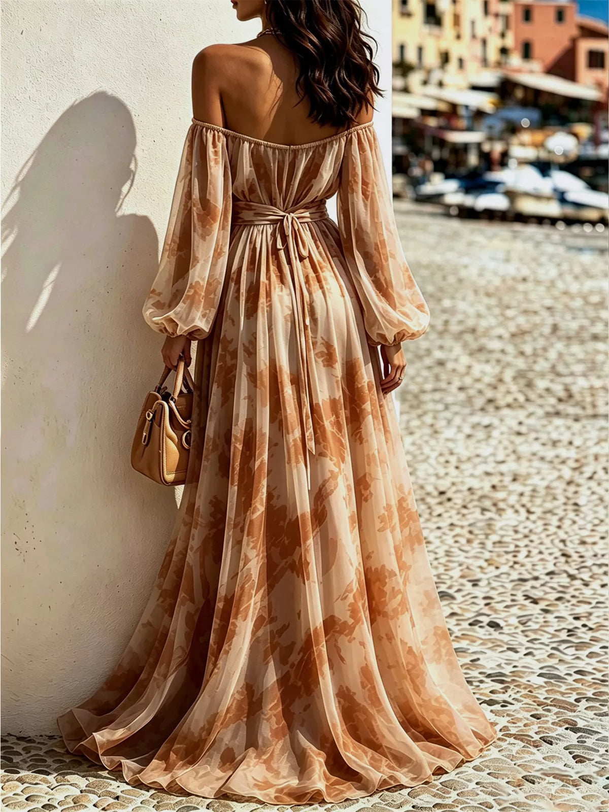 Off-shoulder balloon-sleeve maxi dress