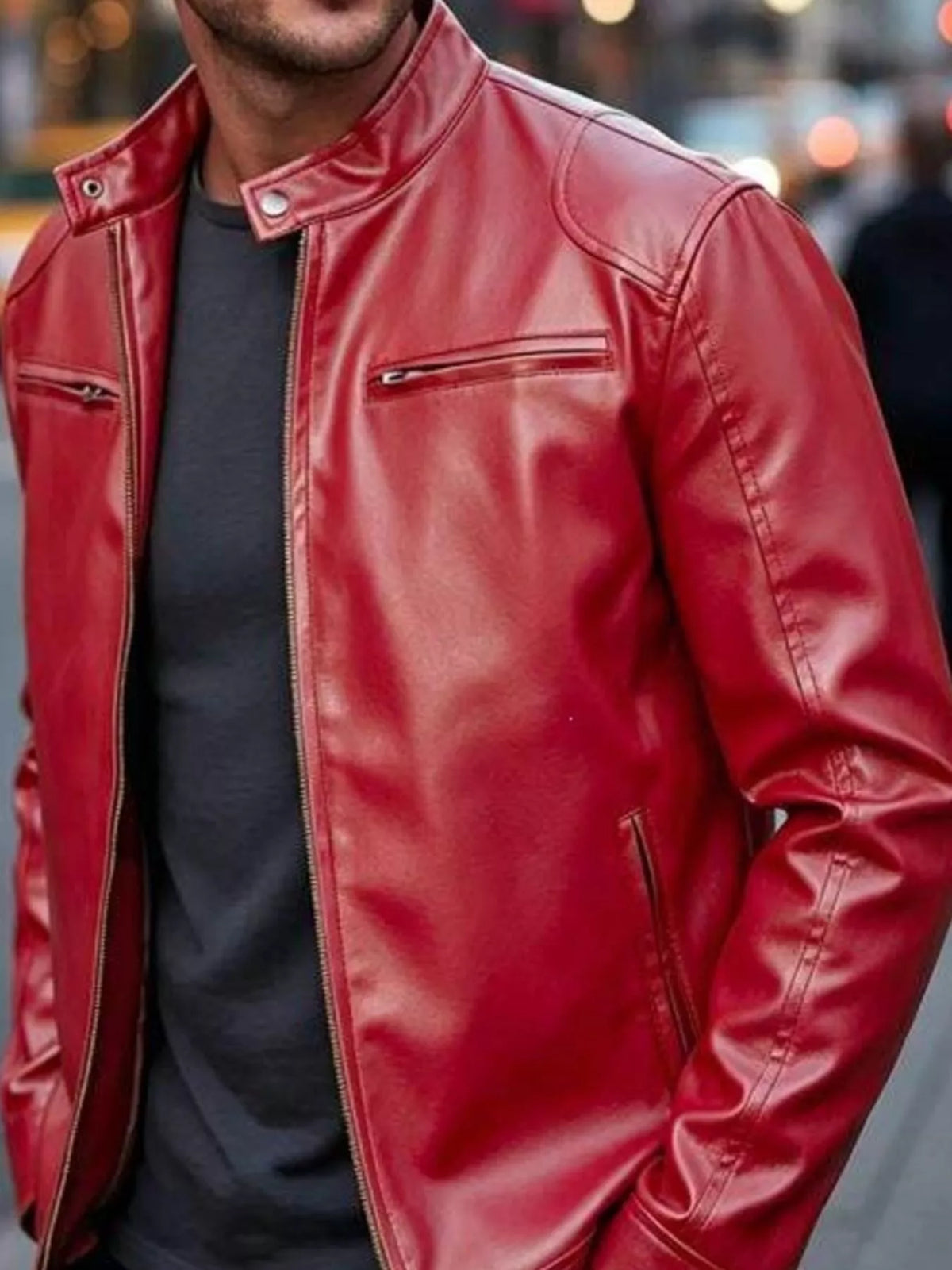 Faux leather bomber jacket with zipper pockets, Bright Red