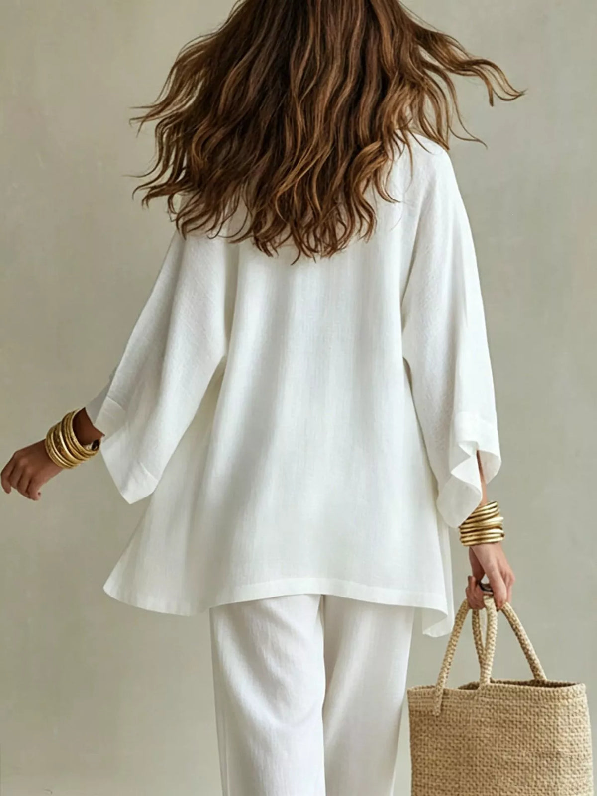 V-neck top &amp; cardigan &amp; pants three-piece set