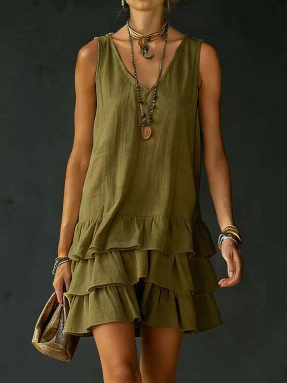 Ruffle-hem sleeveless dress – green