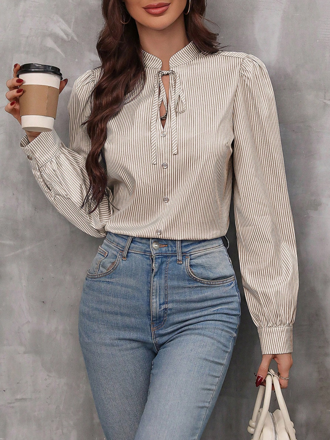 Striped tie neck blouse