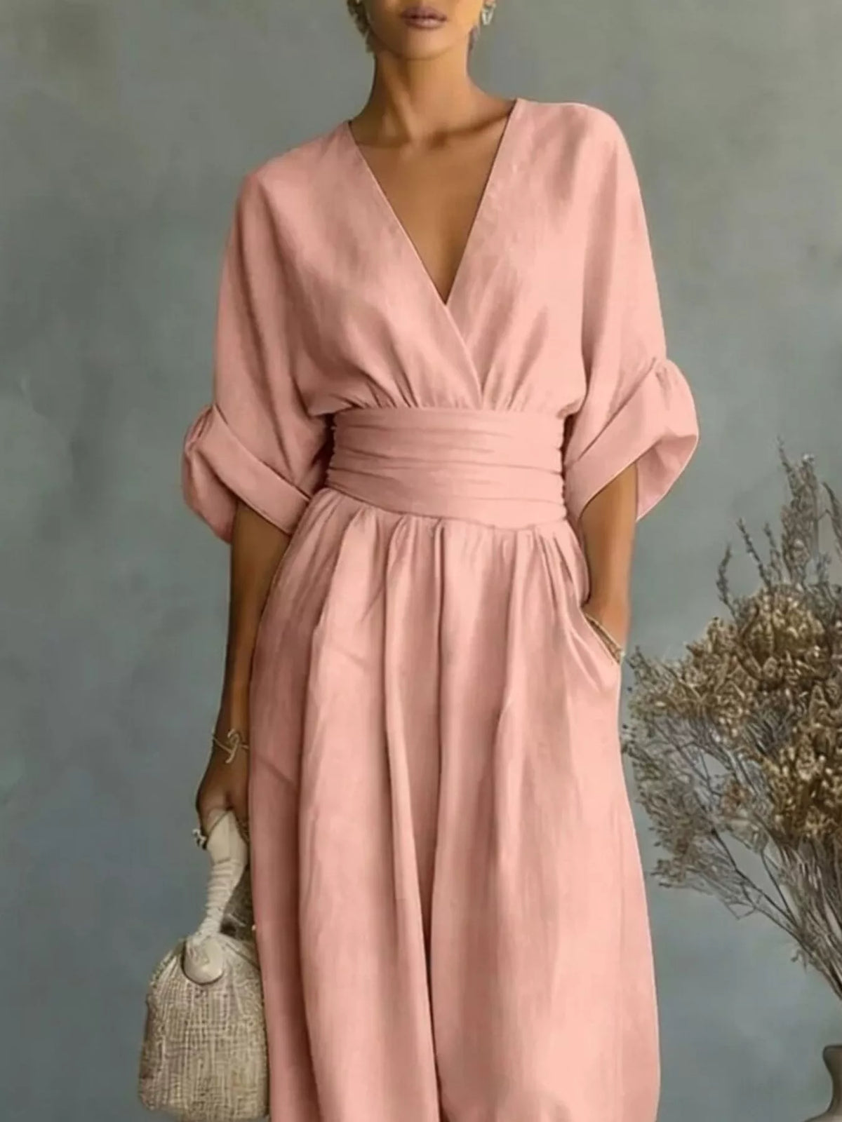 Half-sleeve wide-leg jumpsuit