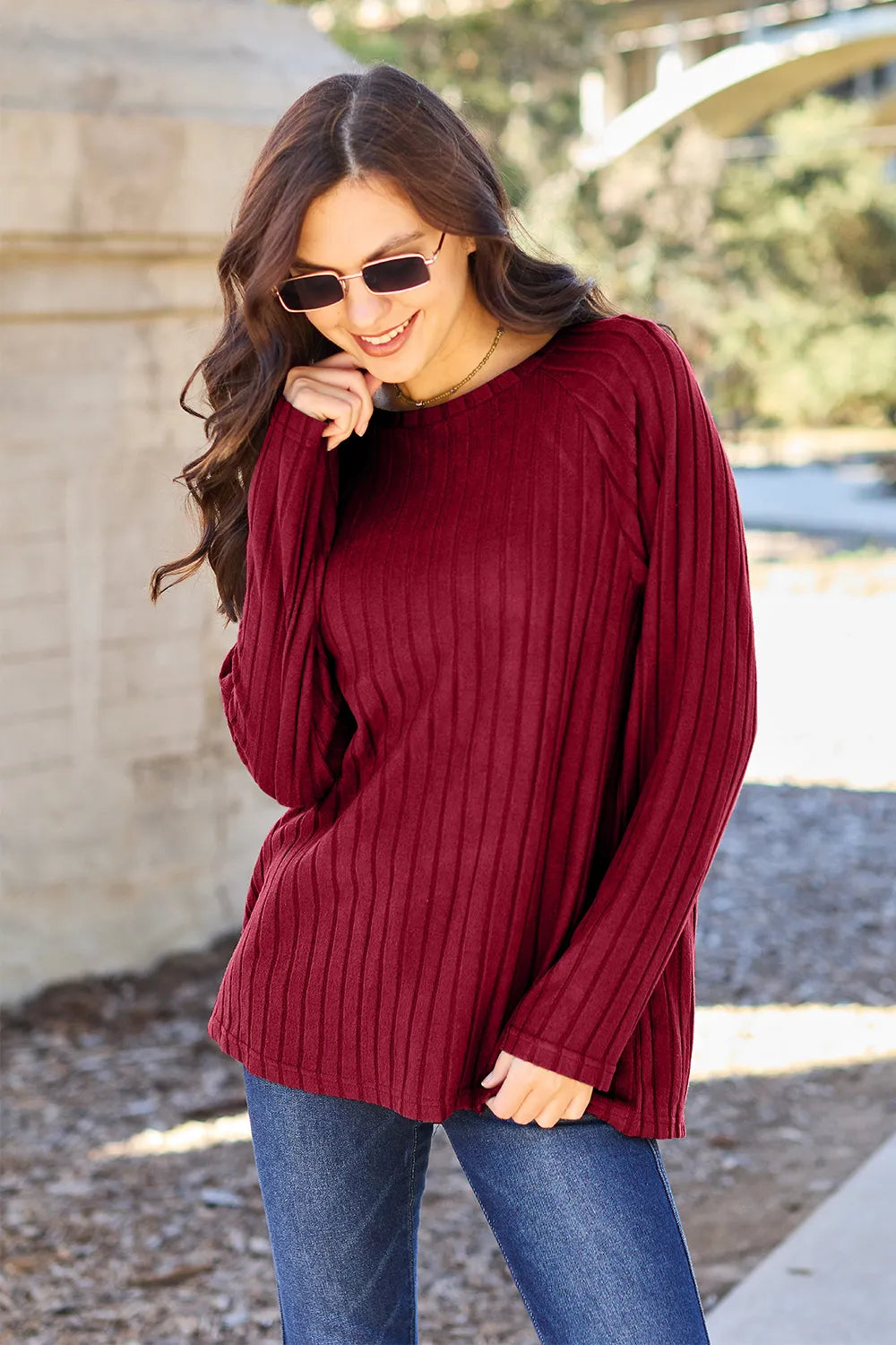 Ribbed long sleeve knit top, Scarlet