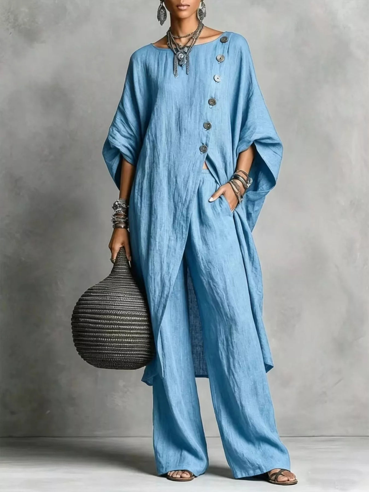 Asymmetric button-down top and wide-leg pants set, Blue