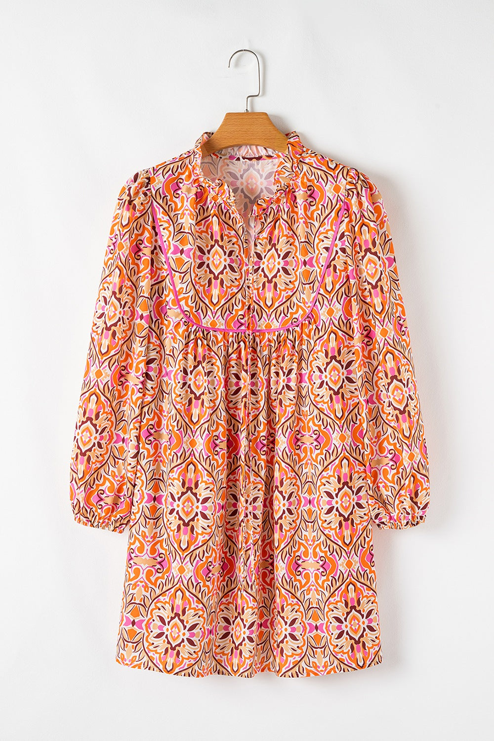 Printed tie-neck mini dress