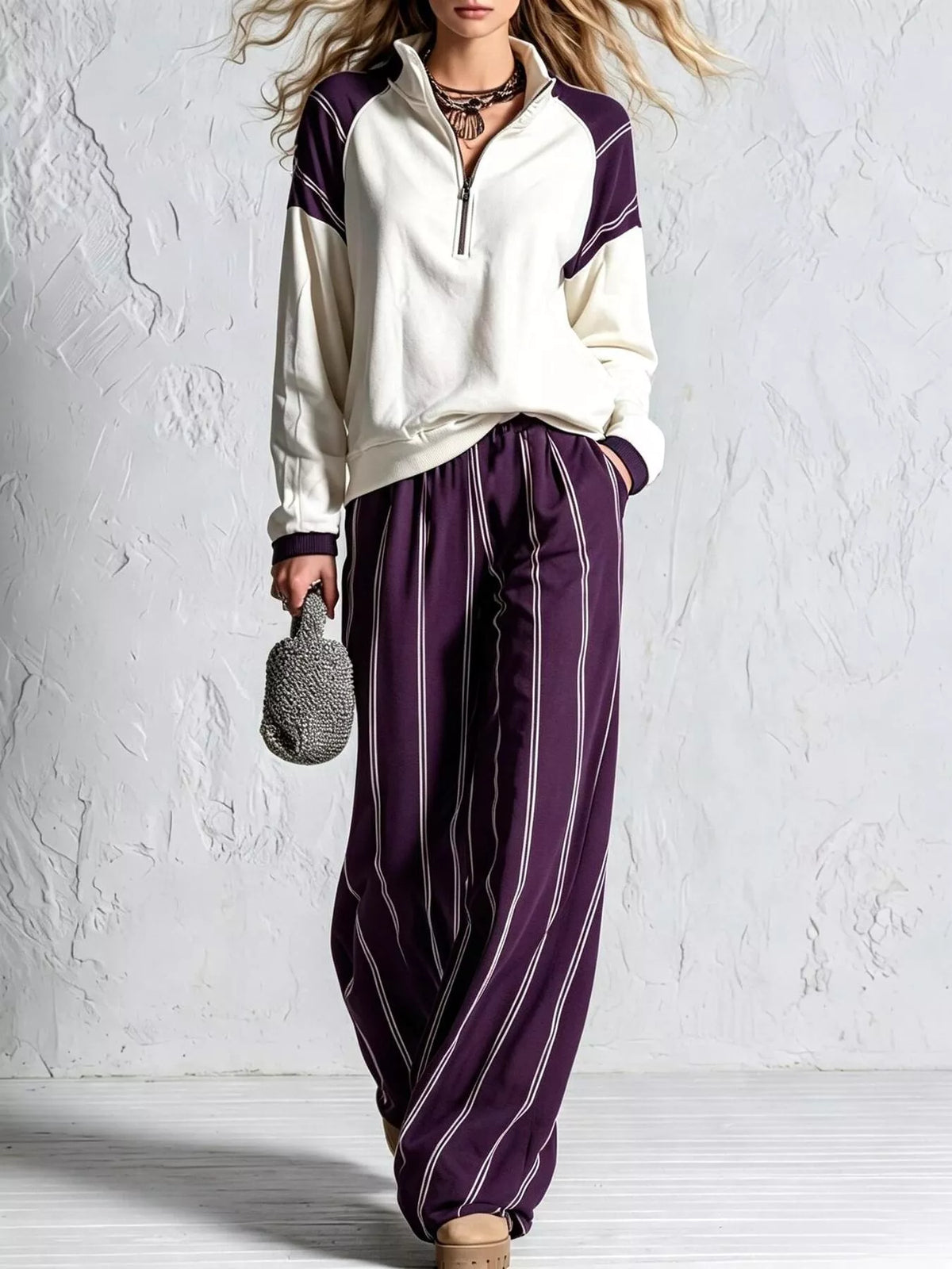 Quarter-zip and striped pants set – purple