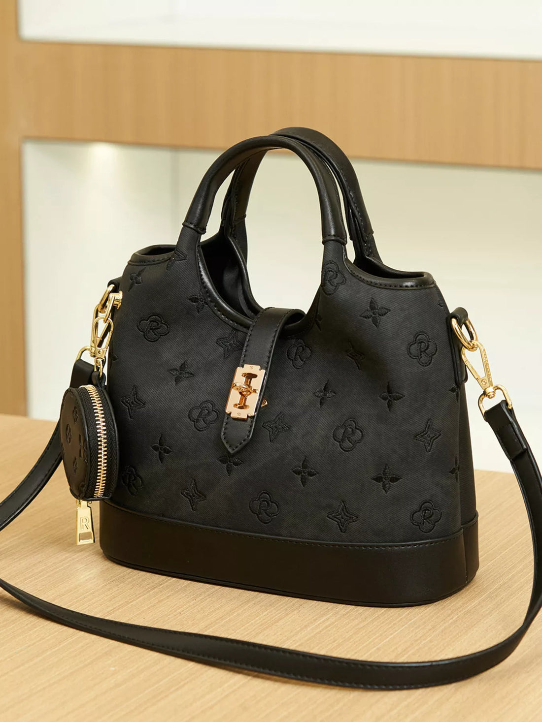 Embossed crossbody with coin pouch – black