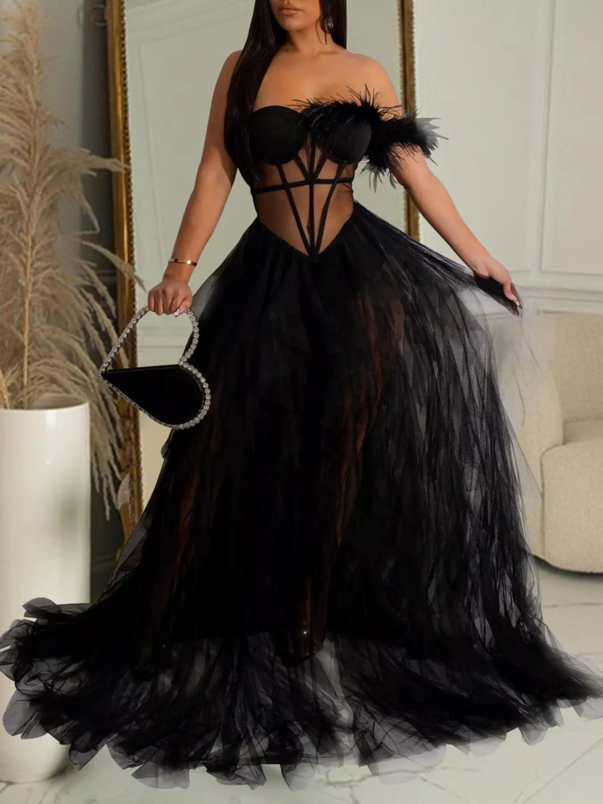 Feather corset tulle gown – black
