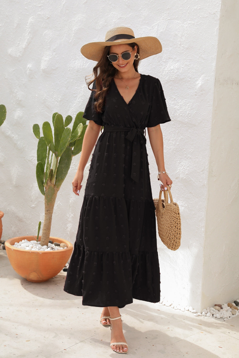 Swiss dot tied surplice short sleeve dress