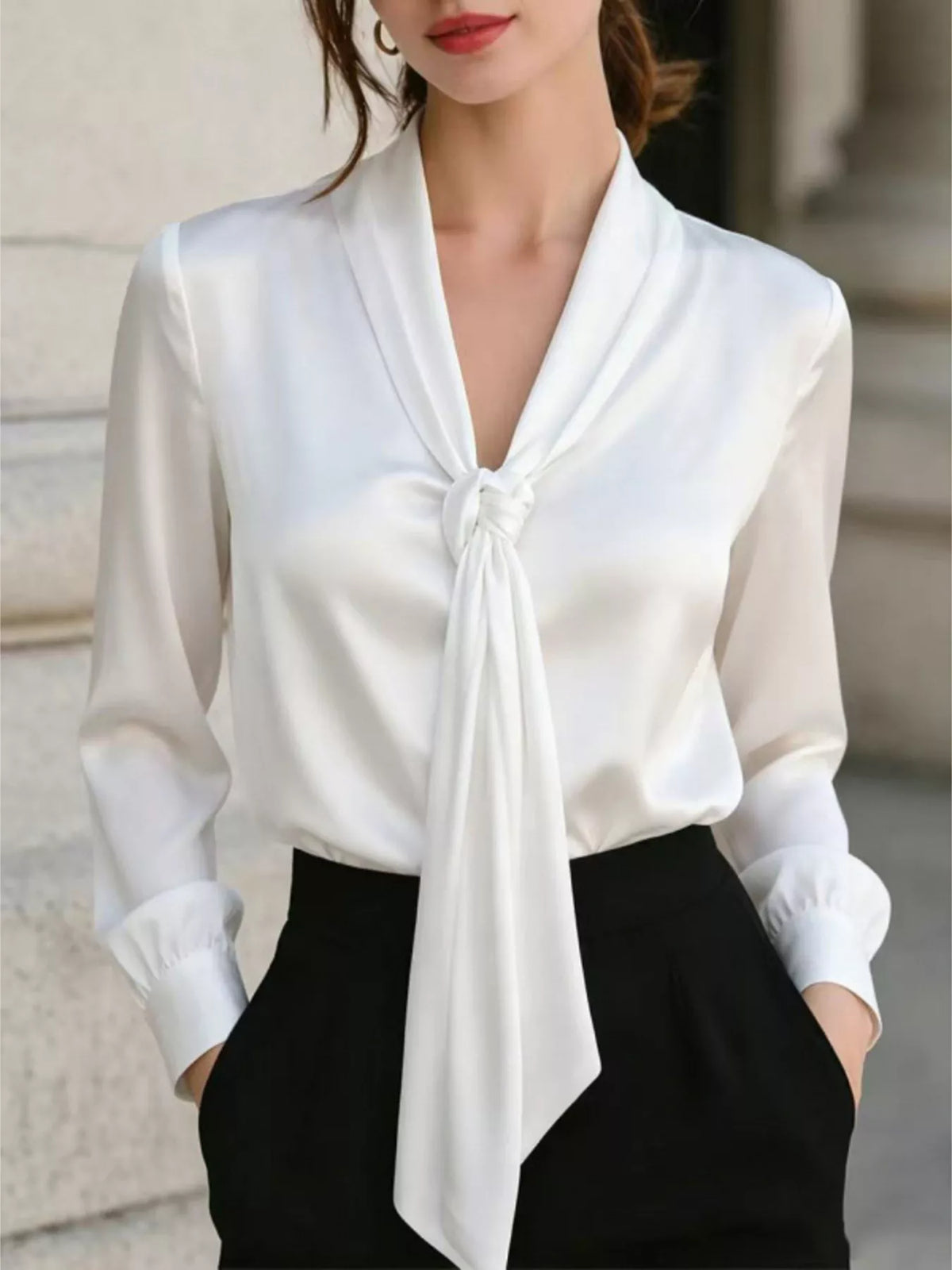 Tie-front satin blouse – white