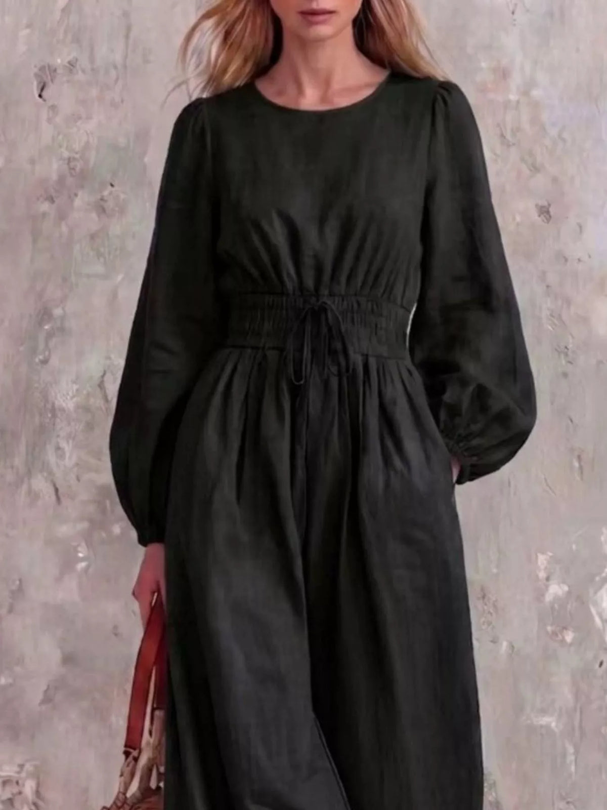 Smocked-waist long-sleeve jumpsuit