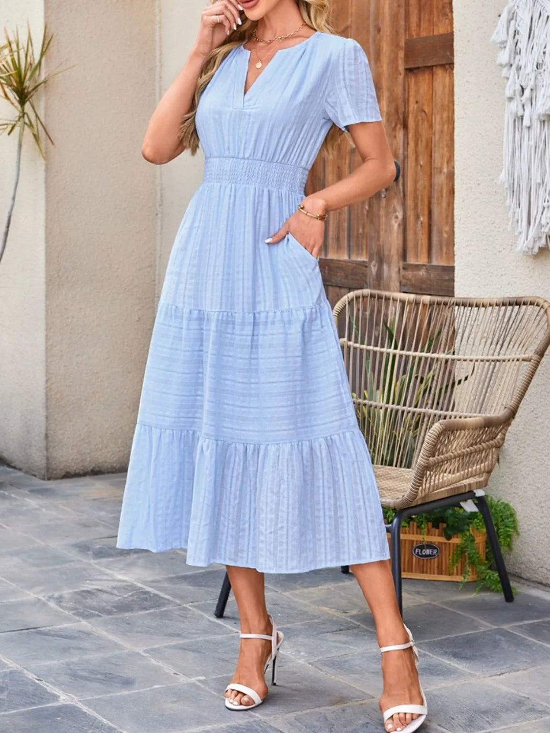 Tiered notched short sleeve dress
