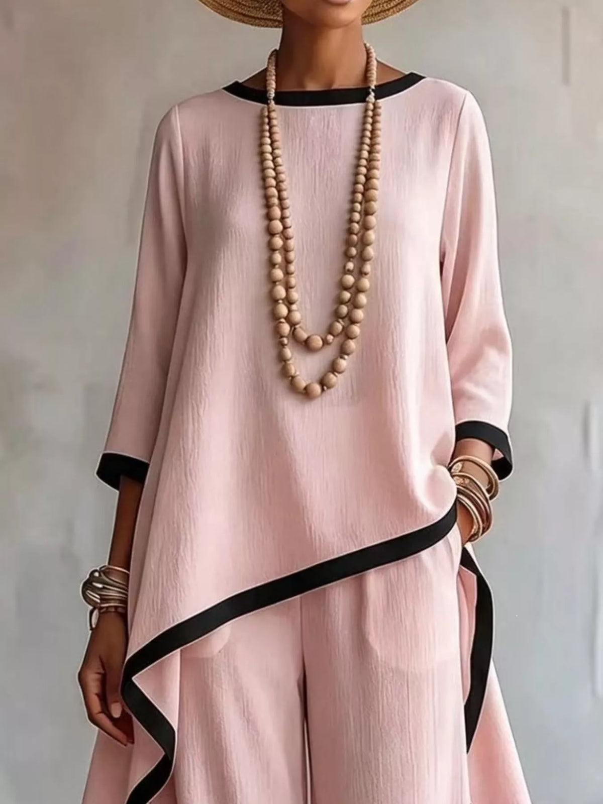 Contrast trim high-low top and pants set