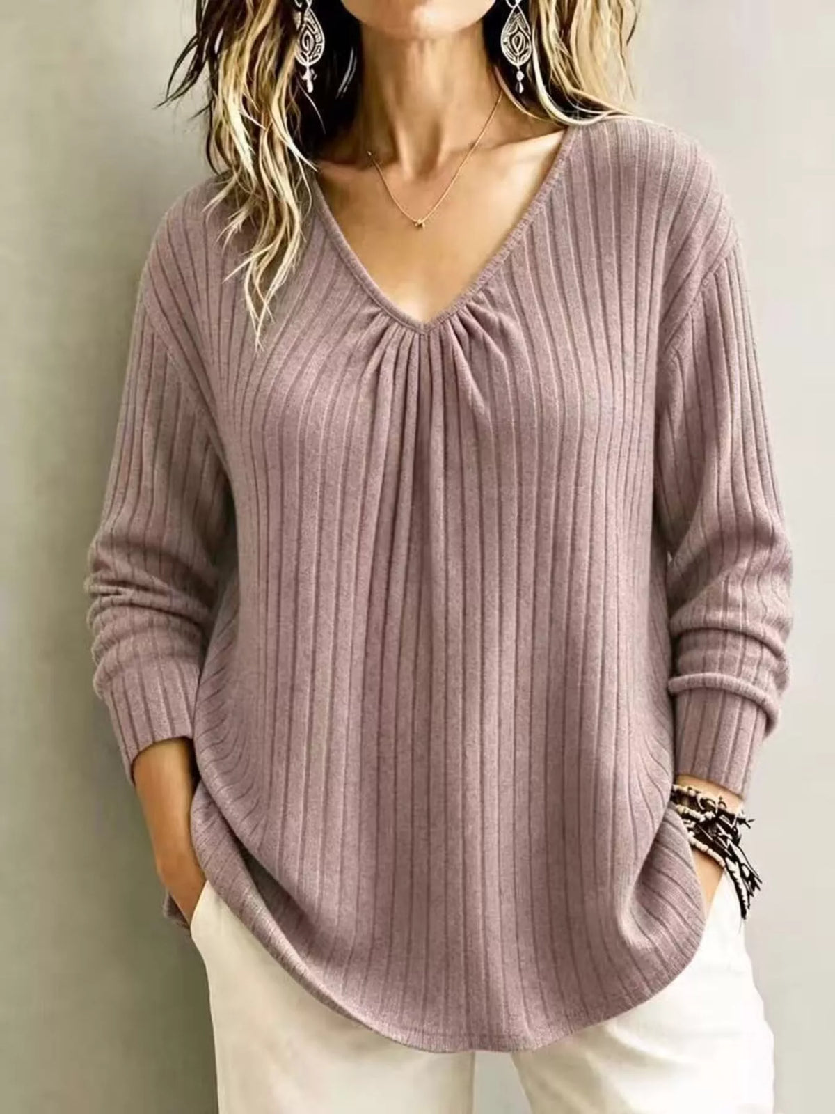 Ribbed V-neck long-sleeve tee