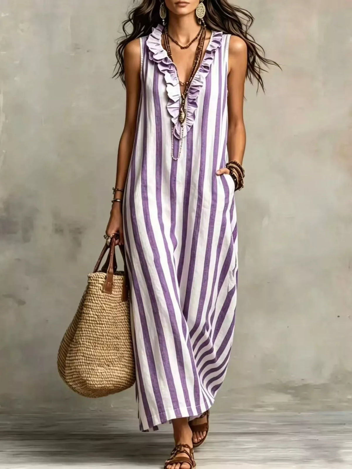 Sleeveless striped ruffle V-neck maxi dress, Purple