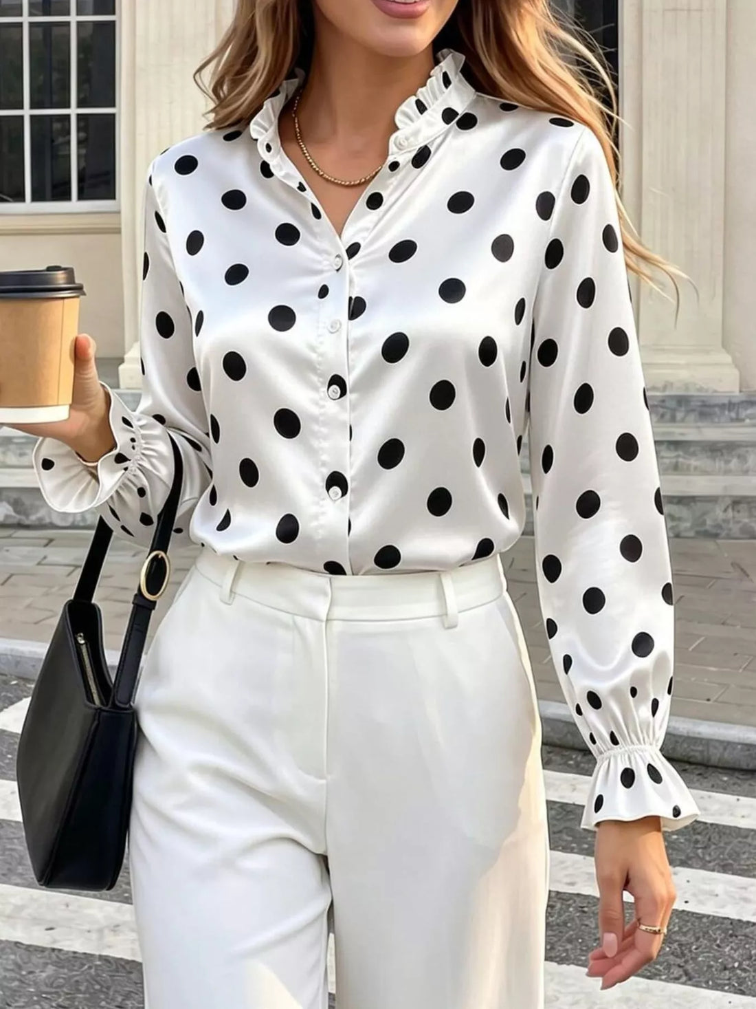 Ruffle-trim satin shirt – white