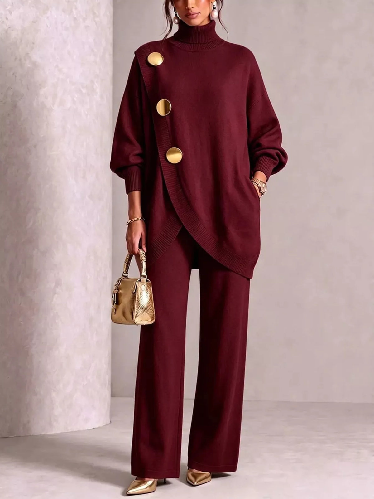 Gold button accent turtleneck sweater and pants set, Wine Red