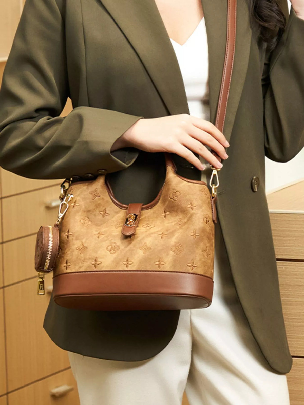 Embossed crossbody with coin pouch – brown