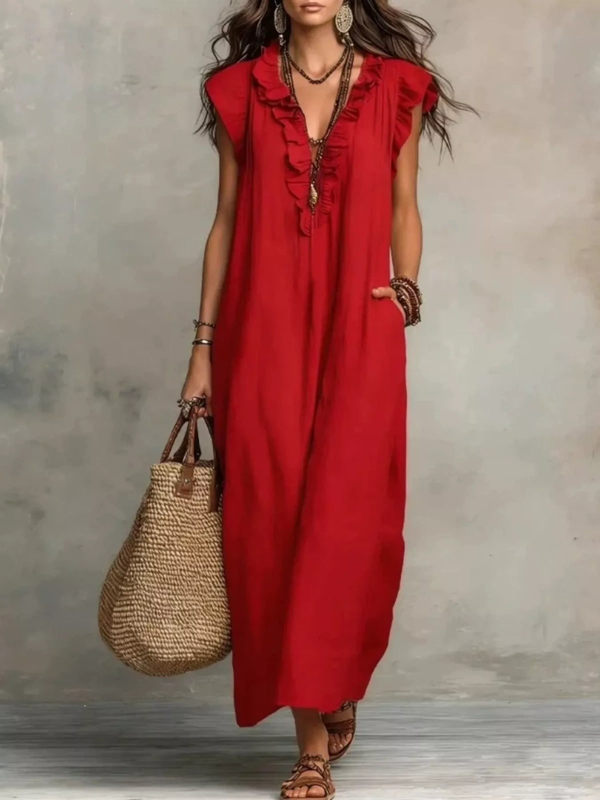 Ruffled cap-sleeve maxi dress – red