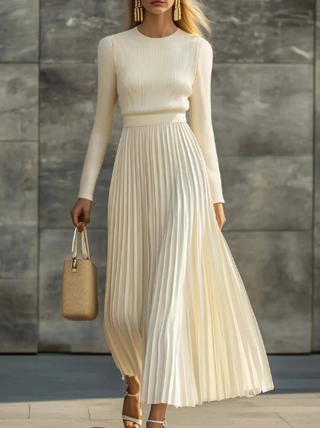 Ribbed knit pleated midi dress, Cream White