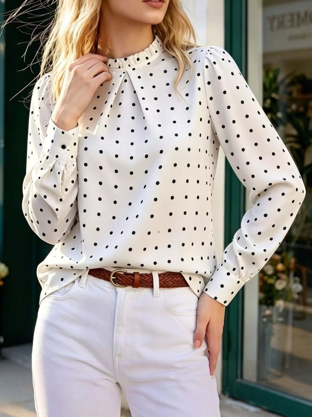 Polka-dot mock-neck blouse – white