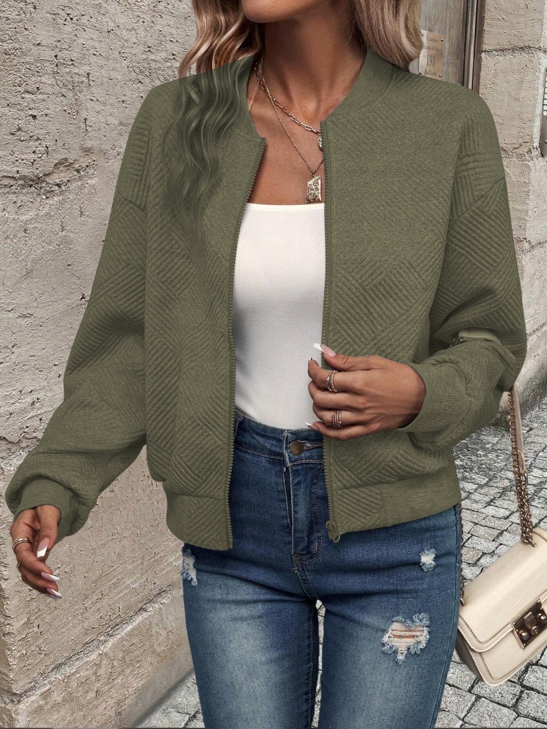 Textured zip up long sleeve jacket