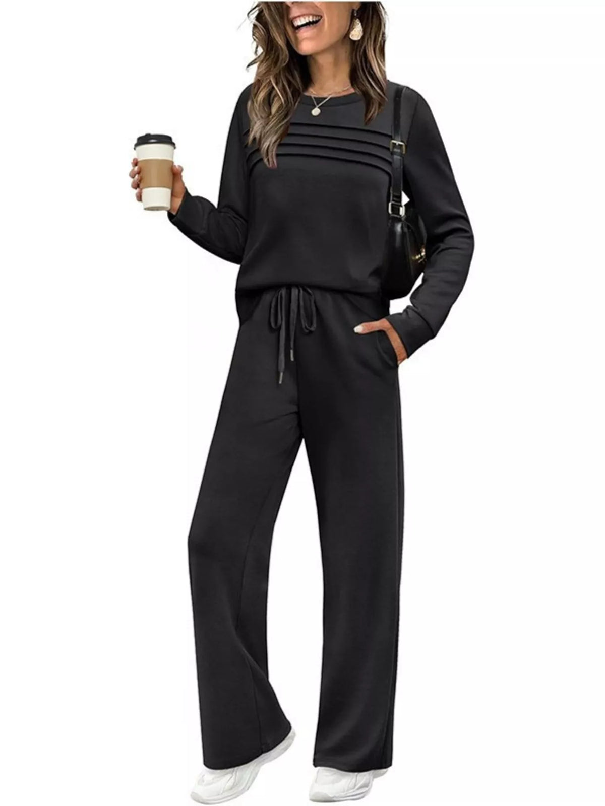 Long sleeve round neck top and pants set, Black
