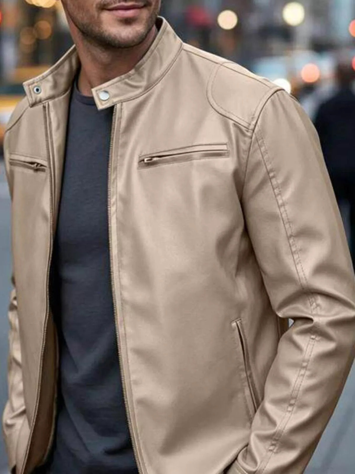 Faux leather bomber jacket with zipper pockets, Apricot