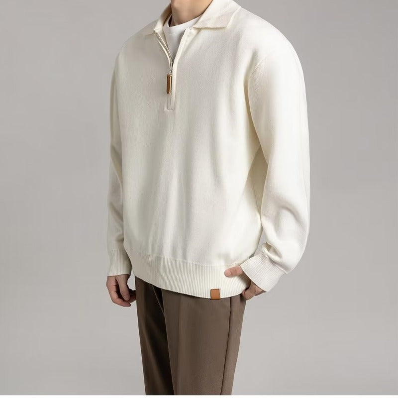 Collared half zip sweater, Cream, front