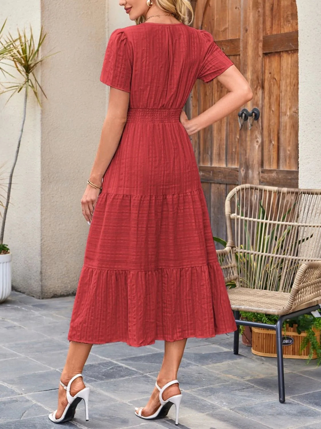Tiered notched short sleeve dress
