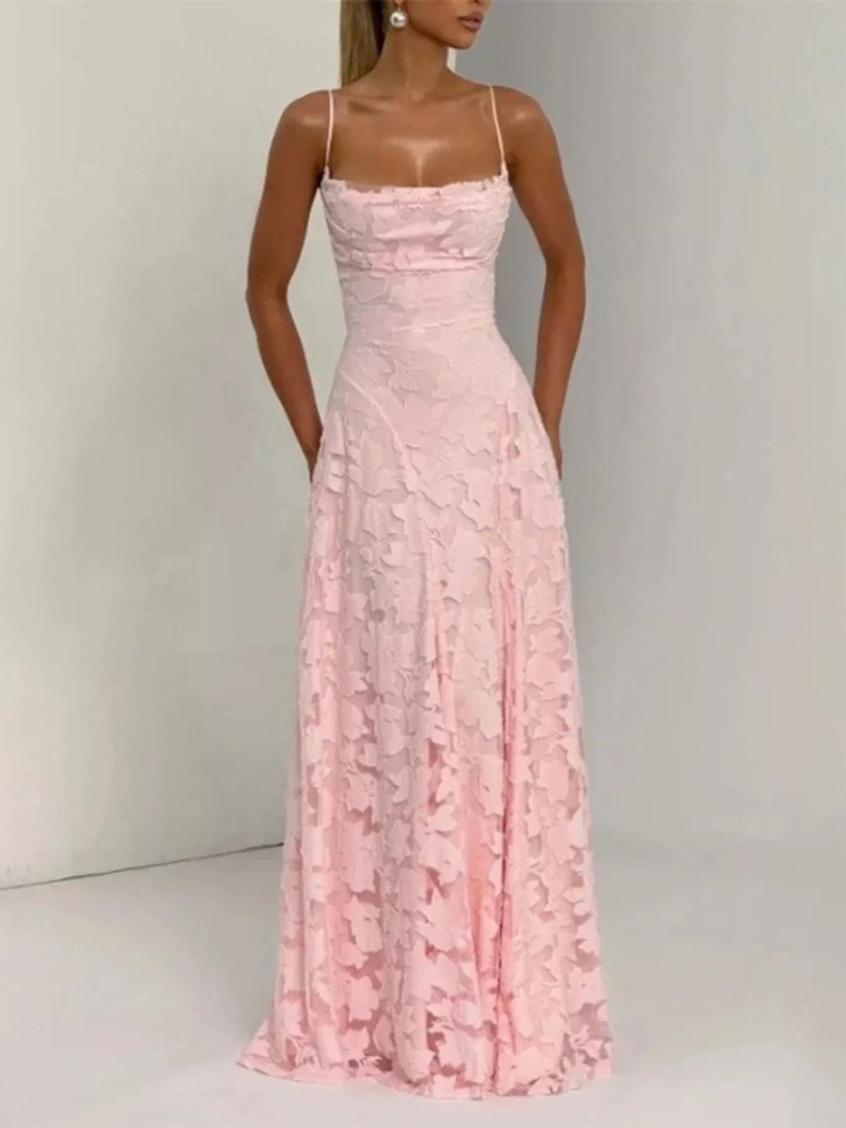 Lace spaghetti strap maxi dress, Pink