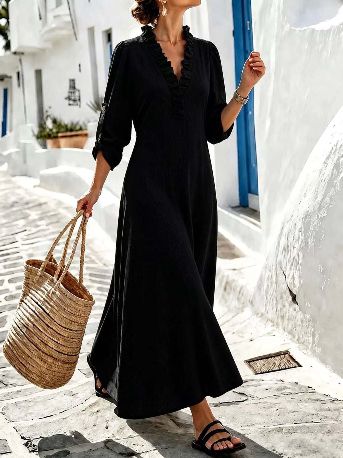 Roll-sleeve V-neck maxi dress