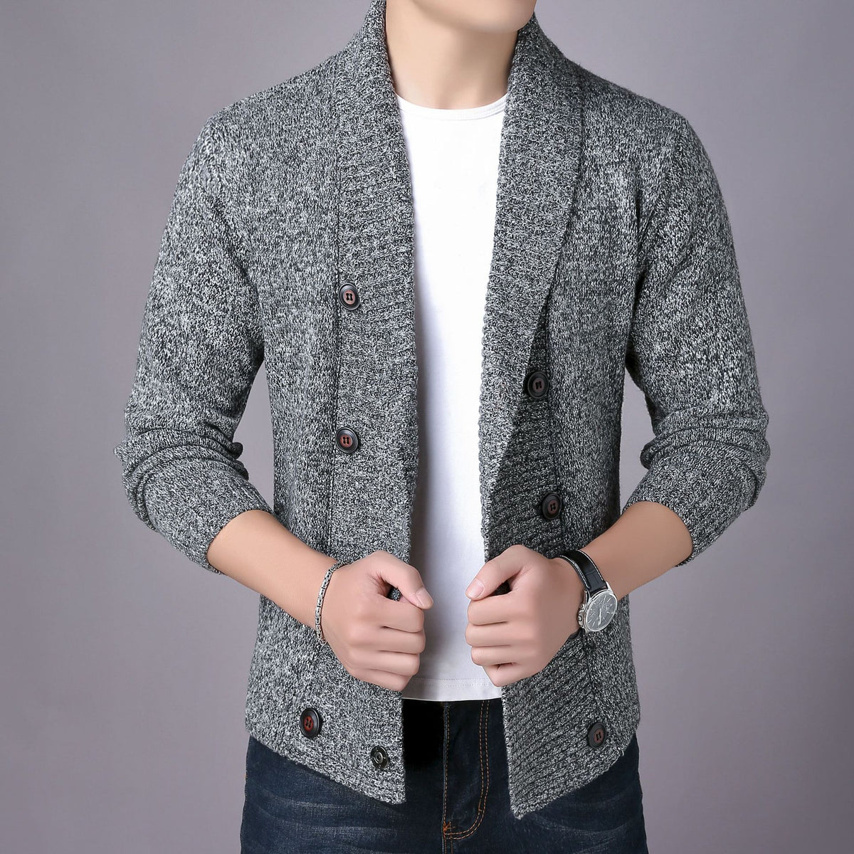Double breasted shawl cardigan, Gray, front