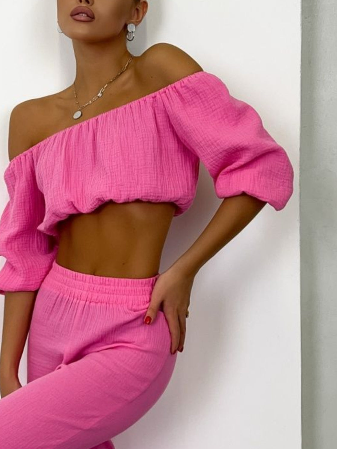 Off Shoulder Long Sleeve Top and Pants Set