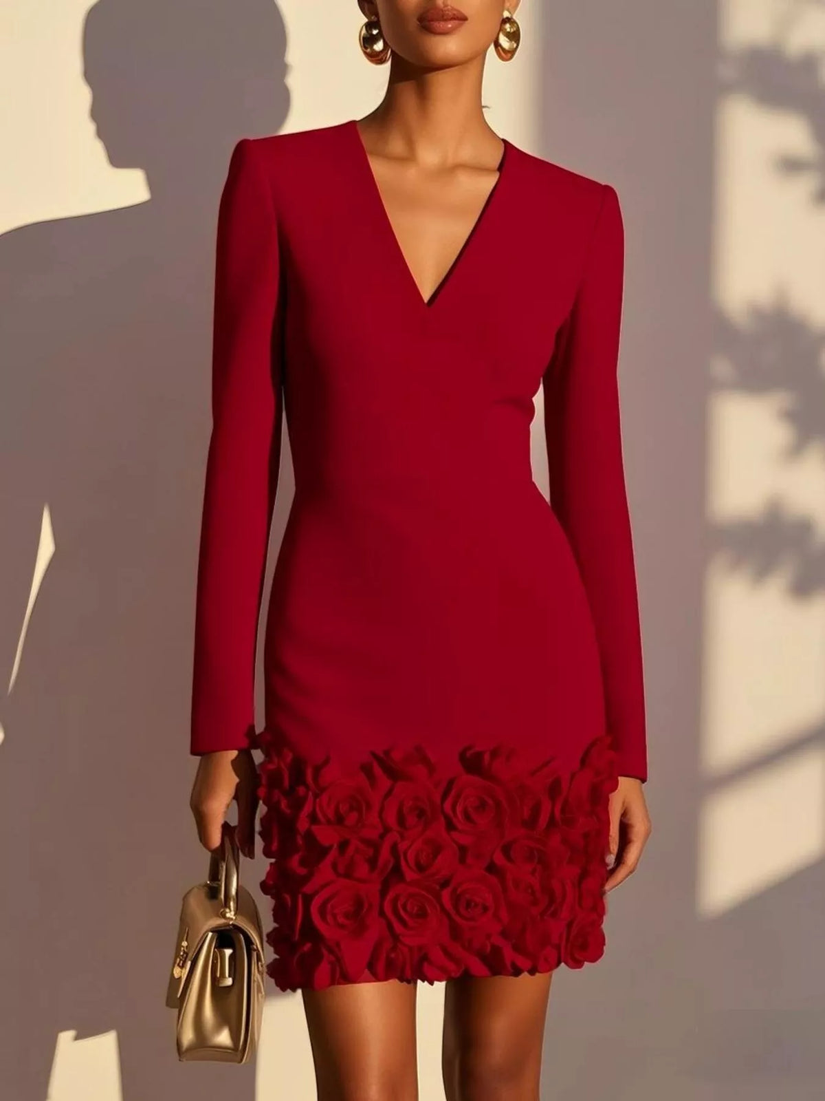 Rose-hem long-sleeve mini dress – burgundy