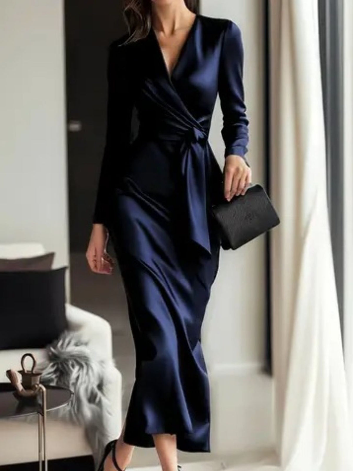 Satin tie-waist dress – dark blue
