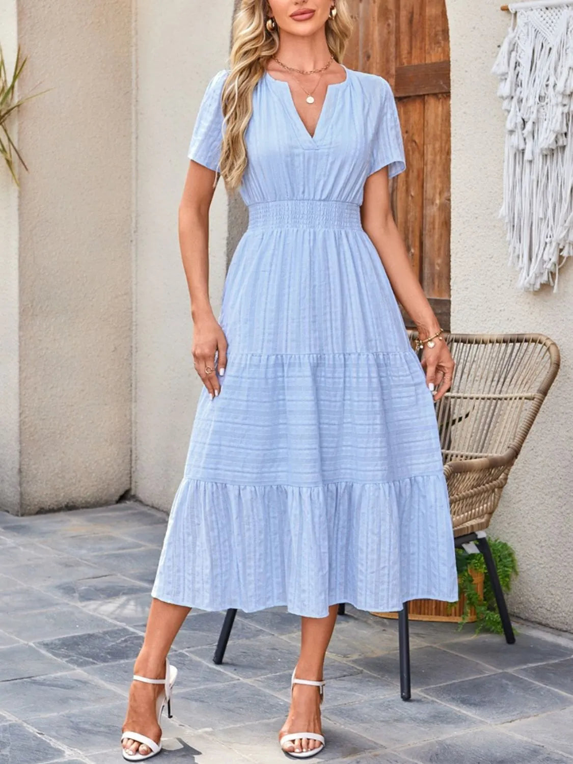 Tiered notched short sleeve dress