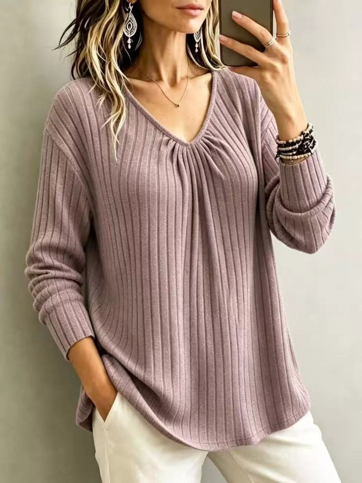 Ribbed V-neck long-sleeve tee – pale blush