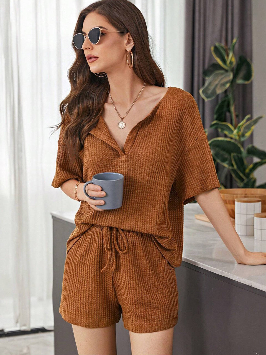 Waffle-knit dropped shoulder top and shorts set
