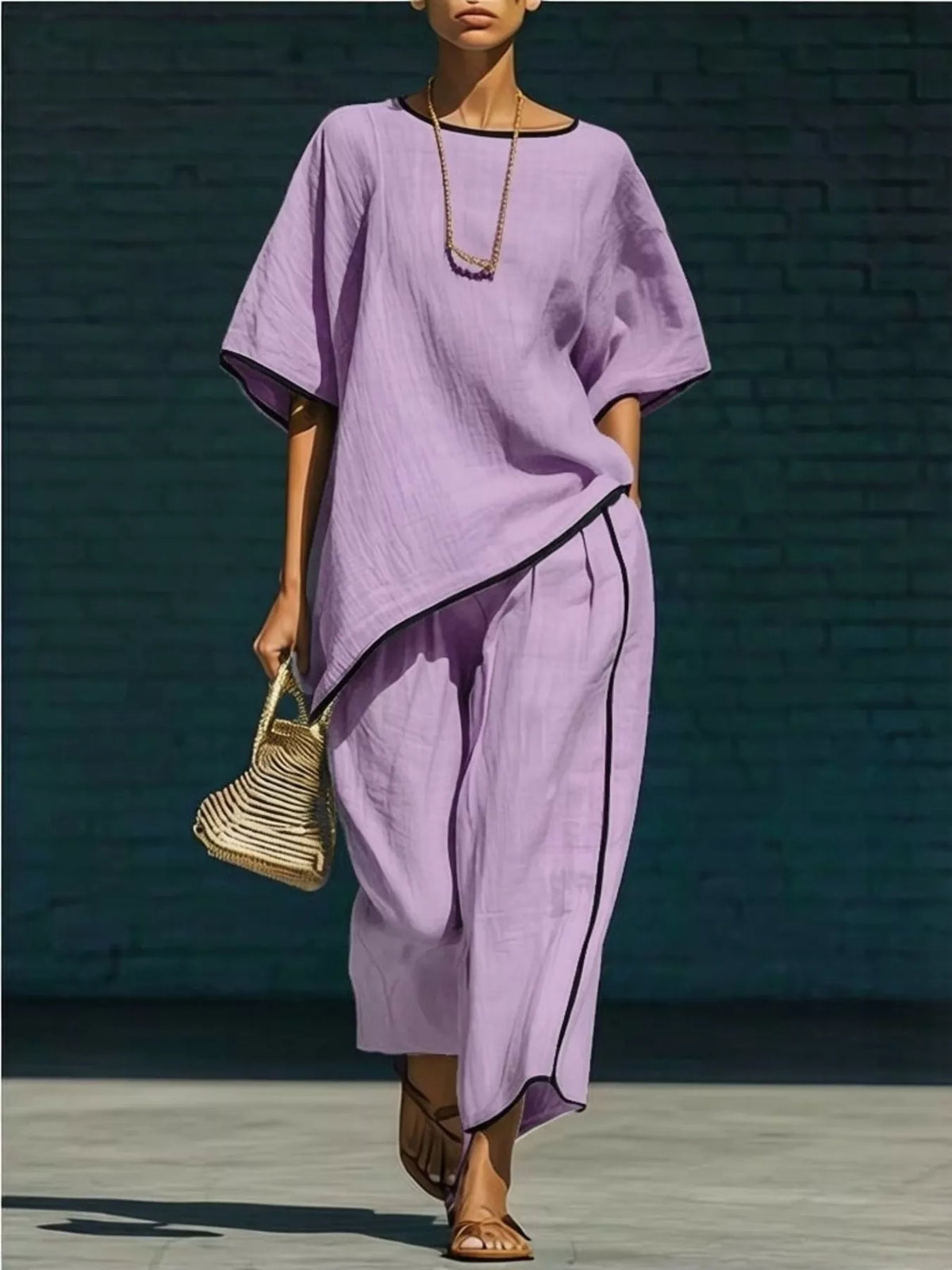 Contrast trim round neck top and pants set, Purple