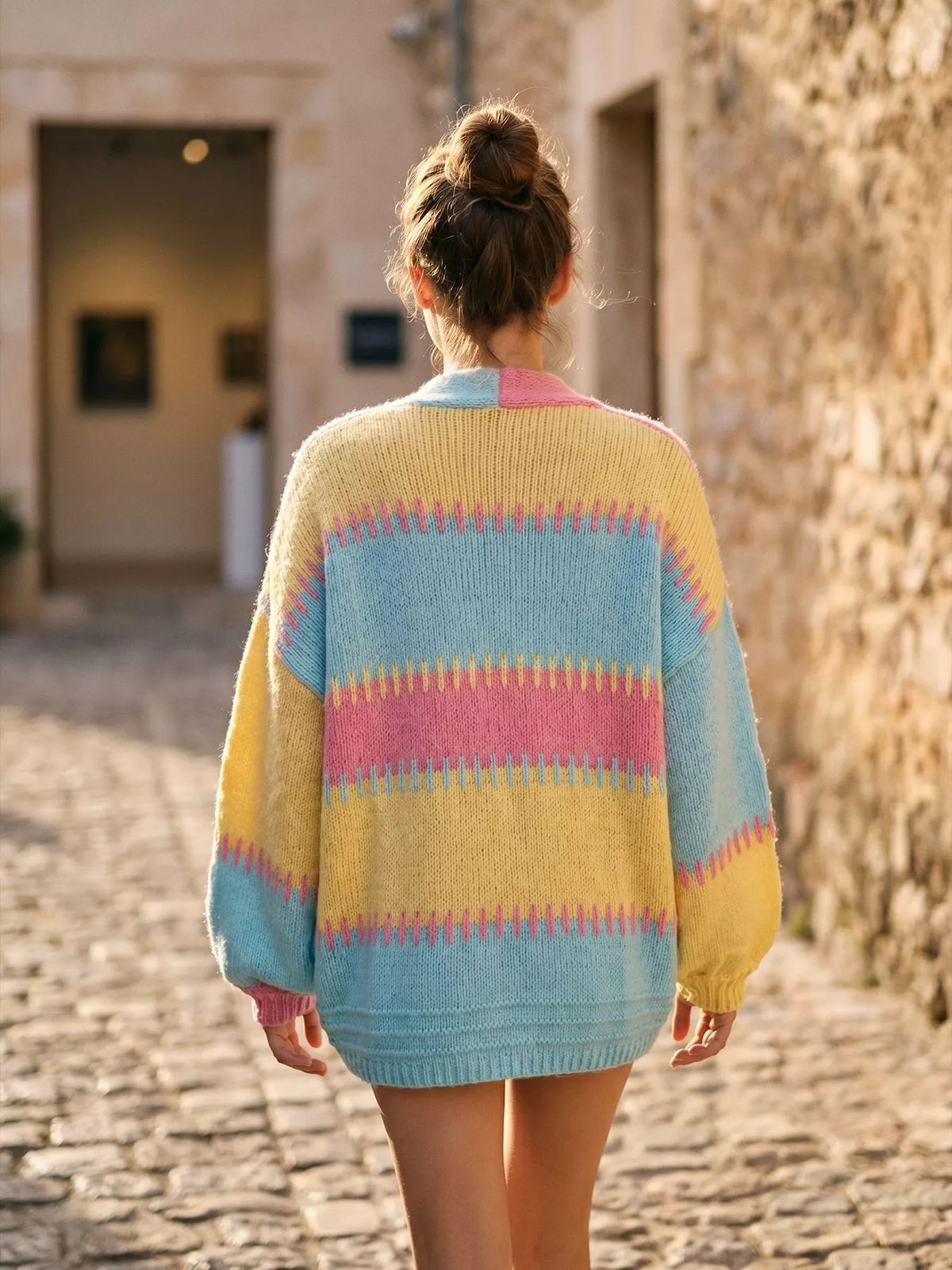 Color block V neck cardigan