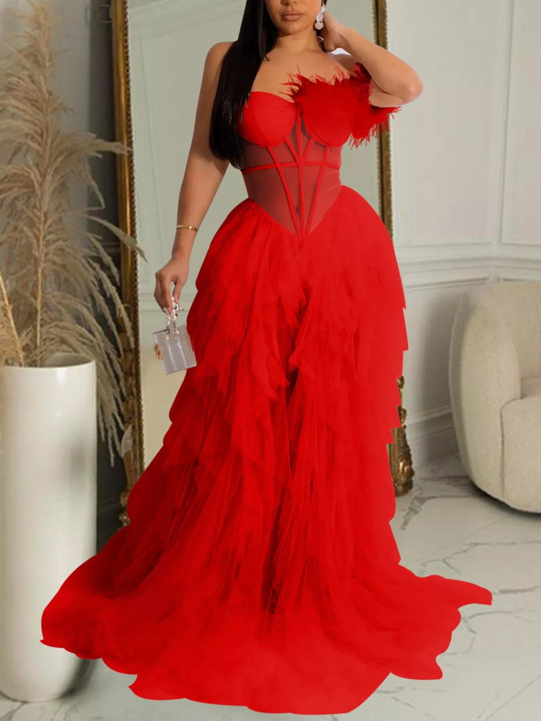 Feather corset tulle gown – red