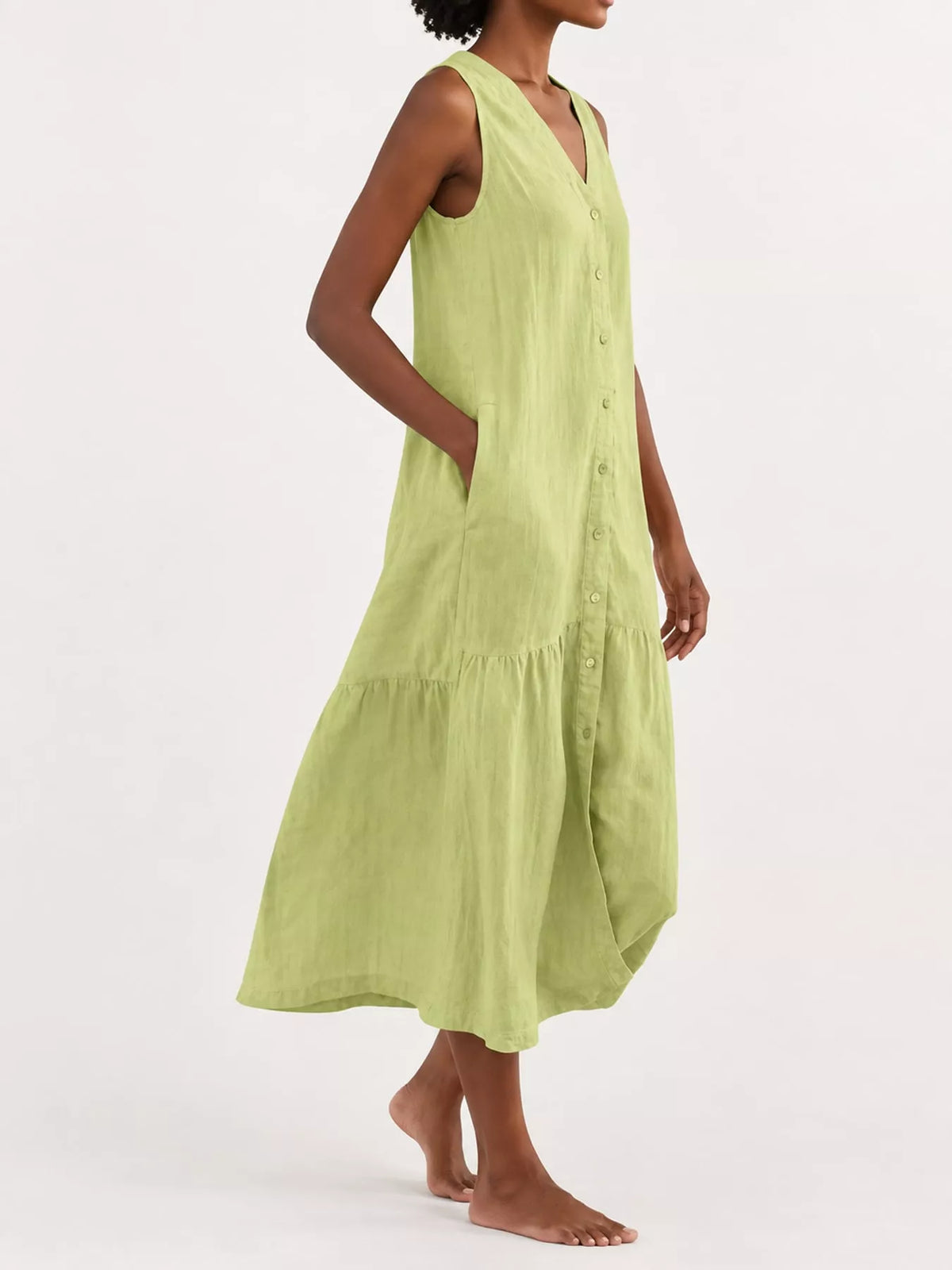 V-neck button front sleeveless midi dress