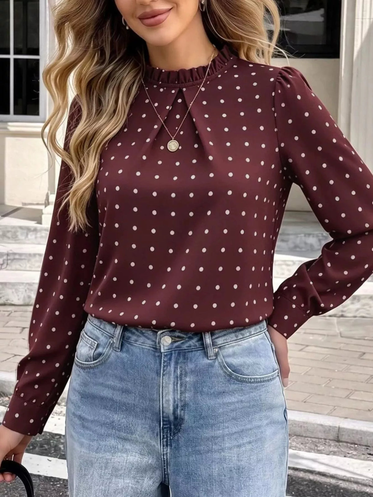 Polka-dot mock-neck blouse – wine red