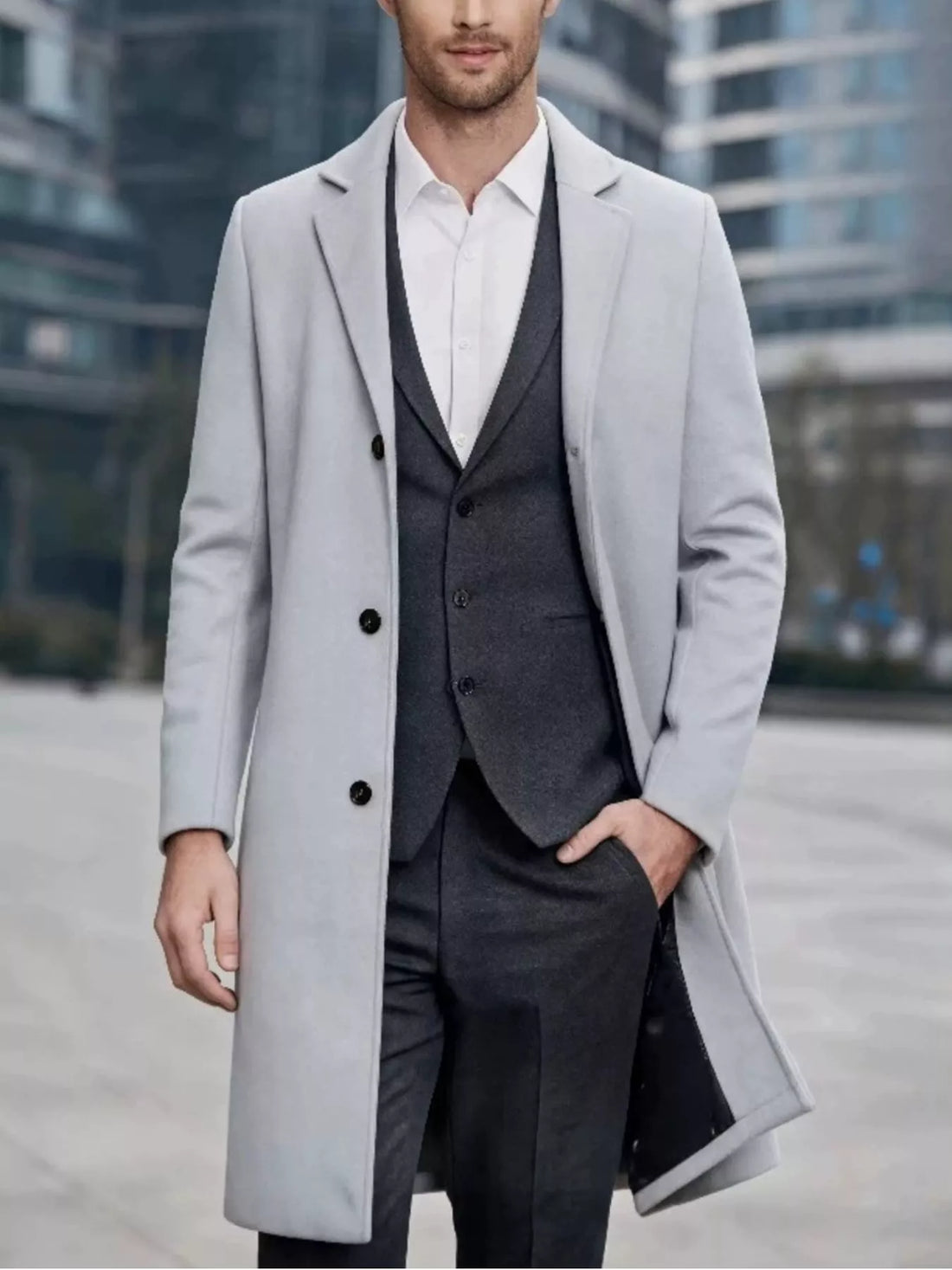 Slim-fit lapel collar overcoat, Light Gray