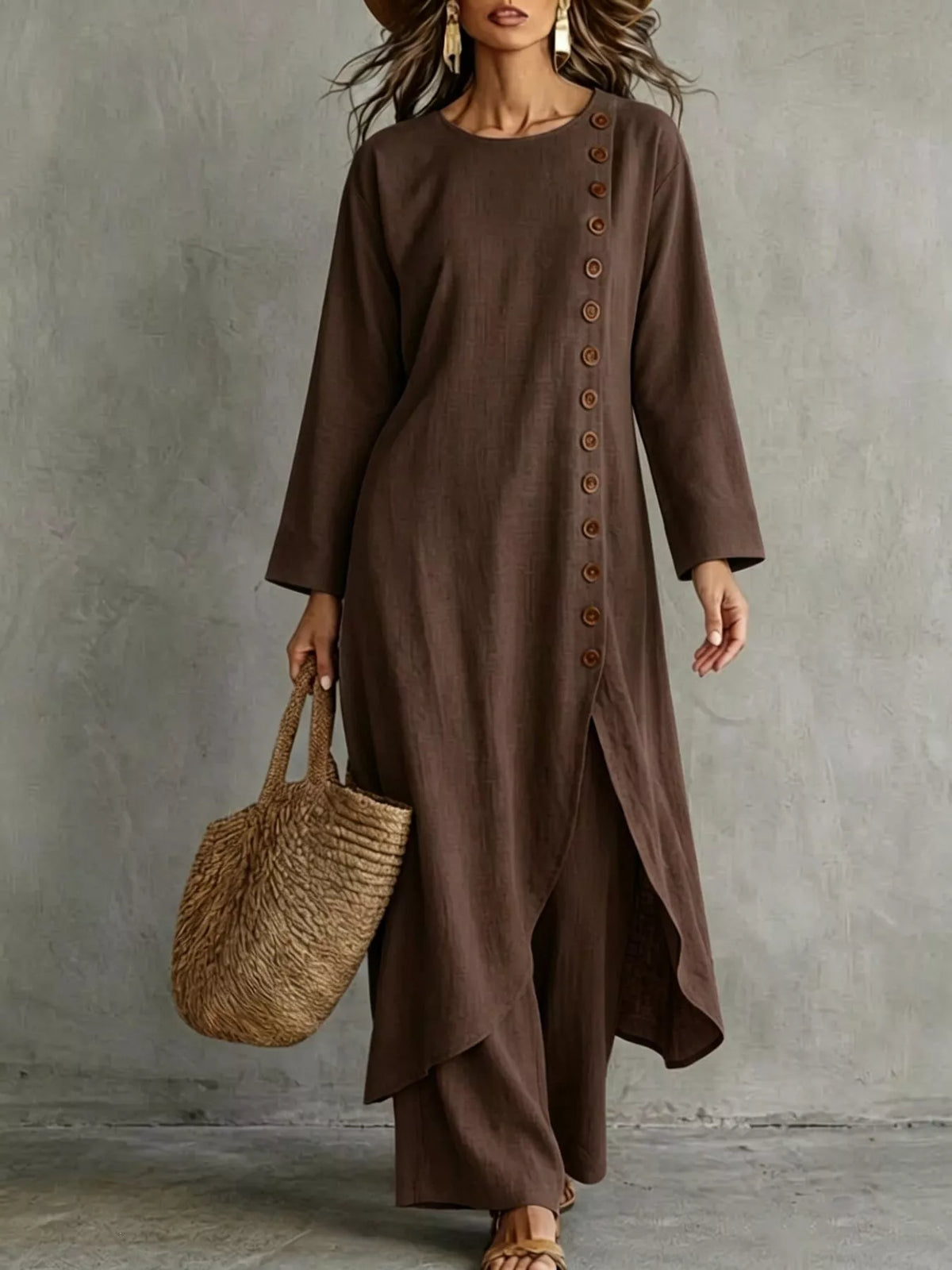 Side-buttoned longline top and pants set, Brown