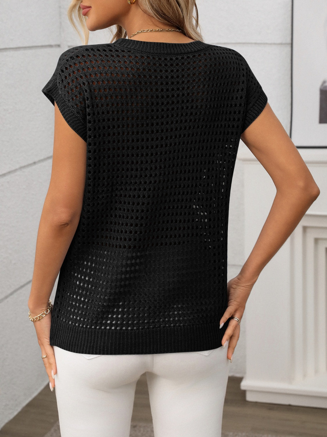 Openwork round neck short sleeve knit cover up