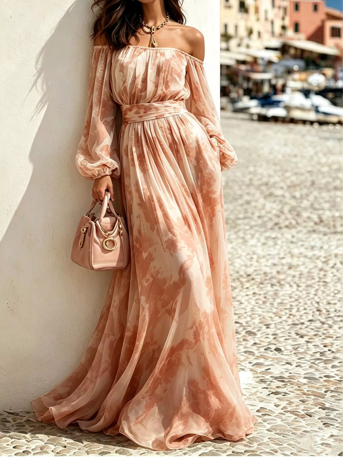 Off-shoulder balloon-sleeve maxi dress – pink